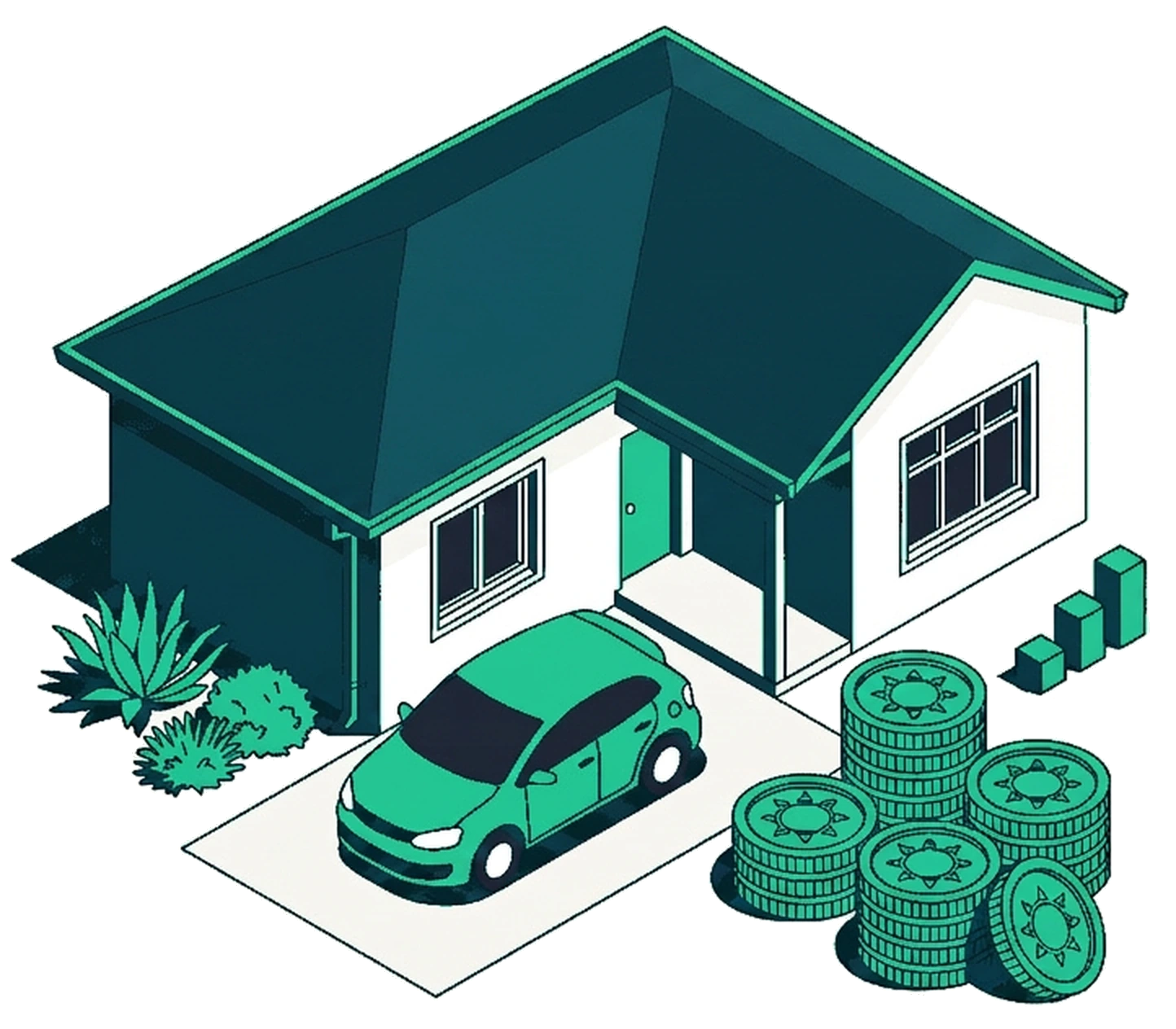 Isometric illustration of a house with a car in the driveway, coin stacks and a rising bar chart, illustrating selling your own home and keeping the commission.